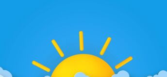 Illustration of sun rising above clouds.