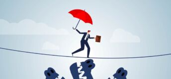 Illustration of a person balancing on a tight rope and trying to cross a chasm.