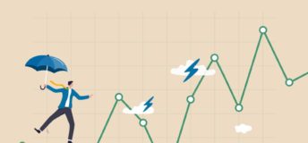 Illustration of a business man on a tightrope made up of graph lines. He is carrying an umbrella, and there are storm clouds ahead