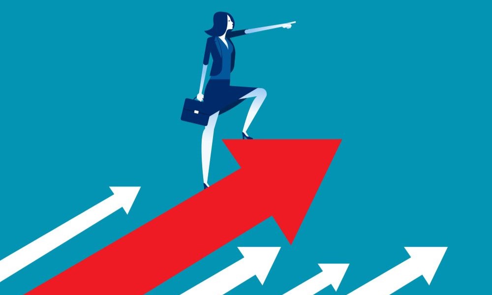 women leading in business Illustration showing woman business leader showing the way.